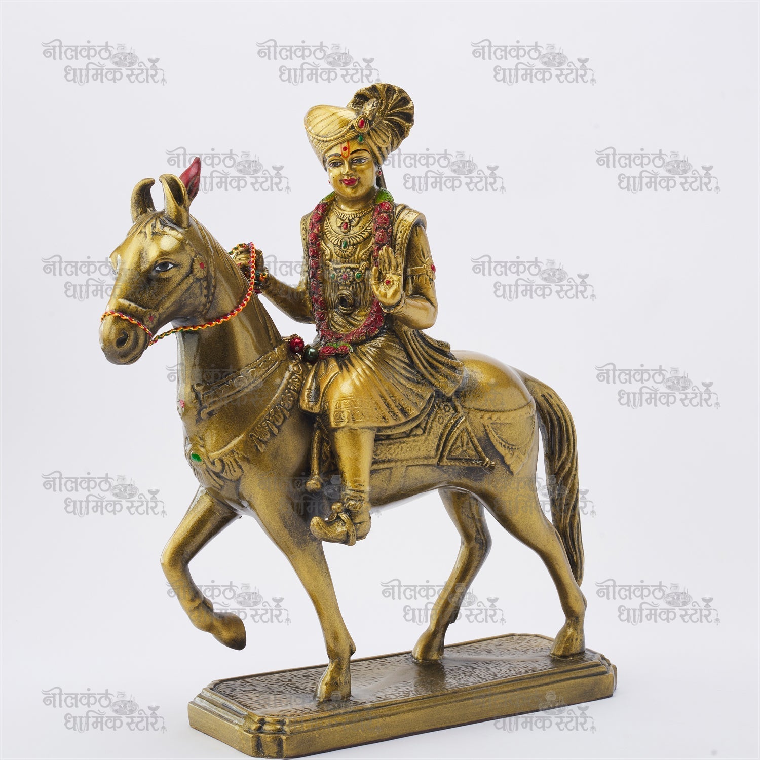 Manaki Murti – Swaminarayan Bhagwan on Rojo Ghodo Gold-Type Fiber Showpiece for Home and Temple by Nilkanthdham